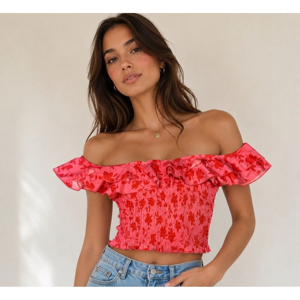 Pink Floral Off Shoulder Smocked Crop Top Womens Small Ruffle Summer Boho Beachy